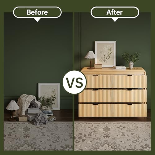 FURSUN Fluted 6 Drawers Dresser for Bedroom, 54" Wide Wooden Dresser with Metal Handle, Curved Profile Design, Modern Storage Organizer for Living Room, Hallway (Natural Oak)