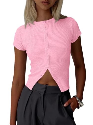 Image of Imily Bela Womens Short Sleeve Sweater Tops Summer Button Down Casual Ribbed Knit Slim Fit Cropped Cardigan Shirts