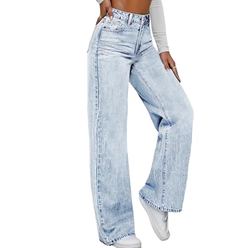 Jean jambe large taille haute extensible avec poches coupe flatteuse sans bouton
