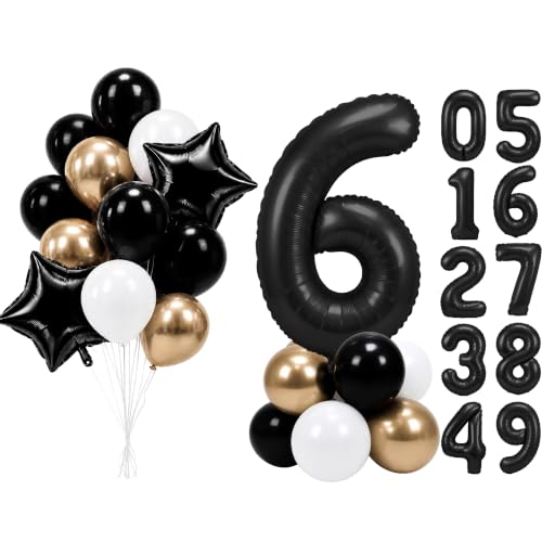 Image of PartyWoo Black Number 6 Balloon 40 Inch 25pcs Black Foil Star White Gold