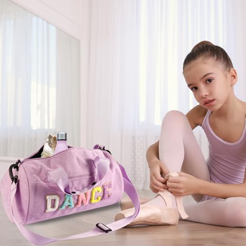 Image of Dance Ballet Bag for Girls Sport Gym Duffle Bags Overnight Travel Bags Fun Dance Corduroy Chenille Letter Bag for Dancers (Purple)