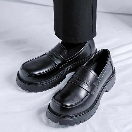 Men's Leather Chunky Platform Loafers Retro Round Toe Lug Sole Non-Slip Slip-On Dress Shoes for Business, Wedding, Campus Dance4