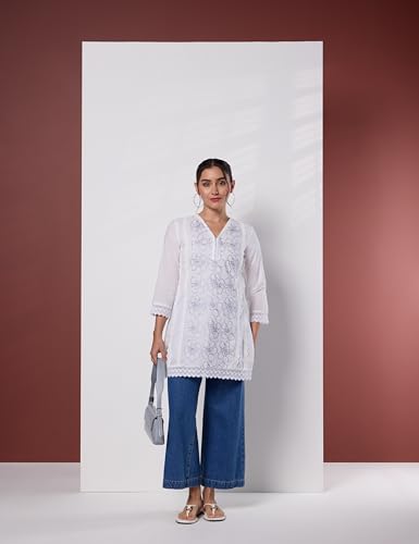 Image of Amazon Brand - Myx Women's Pure Cotton Embroidered Short Kurti | Tunic | Short Kurta (Available in Plus Sizes)