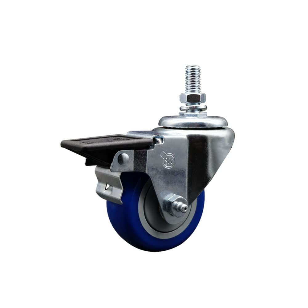 Polyurethane Swivel Threaded Stem Caster w/3" x 1.25" Blue Wheel and 1/2" Stem & Posi Locking Brake - 300 lbs Capacity/Caster - Service Caster Brand