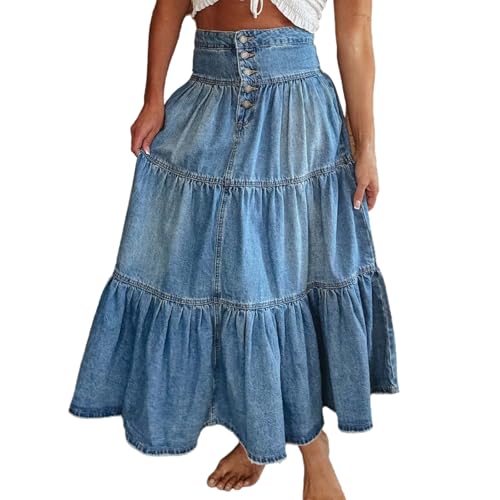 Conshvi Womens Retro Denim Skirt High Waist Frayed Hem Pleated A-Line Long Jean Skirts