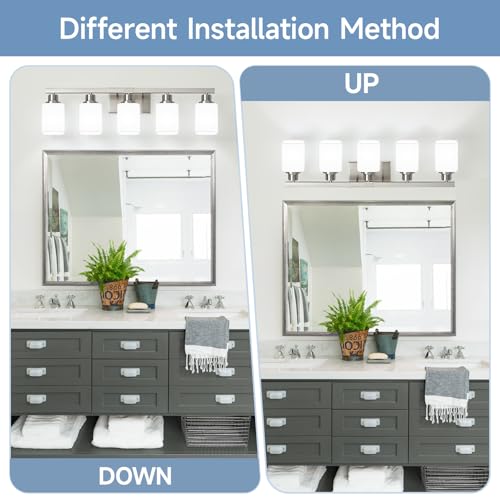 Image of 5-Light Bathroom Vanity Light,Brushed Nickel Vanity Lights with Square Frosted Glass,Modern Bathroom Wall Lights Fixtures Over Mirror,Wall Sconces Lighting for Bedroom Living Room,E26