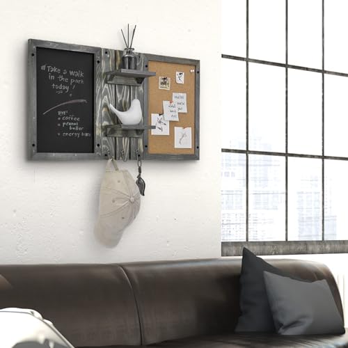 Mygift HOM3008GRY Wall Mounted Vintage Gray Wood Entryway Bulletin Board Combo Set With Chalkboard, Cork Board, 2 Storage Display Shelves And 3 Key Hooks thumb #3