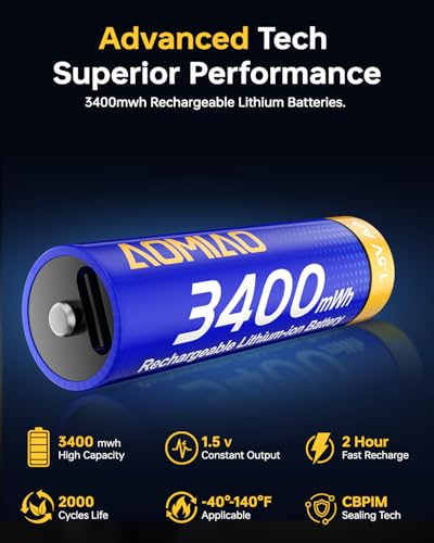AA Batteries 3400mWh, AA Rechargeable Batteries, USB-C Charging, Long-Lasting Lithium Batteries AA, 1.5V Constant Output Li-ion Double A Batteries for Toys, Controllers, Wireless Accessories (4-Pack) — view 2