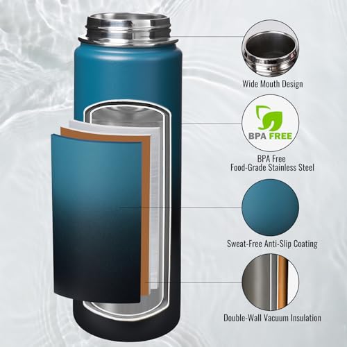 Image of Fijinhom Insulated Water Bottle with Handle, 304 Stainless Steel Water Bottles with Wide Mouth, Double Wall Vacuum Sports Water Bottle, BPA Free, Keep Cold and Hot, 24 Ounces, Blue&Black