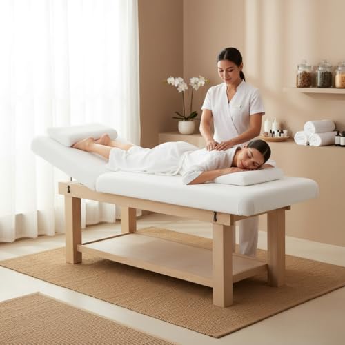Table de massage SAVANE en bois clair | largeur 75 cm, matelas épais, dossier réglable à crans, trou facial & têtière, plateau de rangement, revêtement blanc | 190×75×75 cm | 50 kg – Image 5