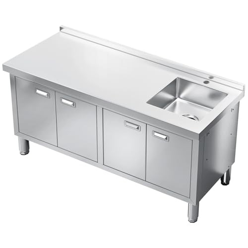 ZZV Freestanding Stainless Steel Sink with Cabinet Heavy Duty Utility Sink Commercial for Kitchen Restaurant Hotel Cafe and Outdoor, 21.66 x 63 x 35.43 inches