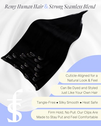 Image of Full Shine Black Clip in Hair Extensions, Real Human Hair Clip ins | Straight Remy Hair Extensions Clip ins, Full Head Volume, Medium to Thick Hair, 20 Inch 150g 7Pcs