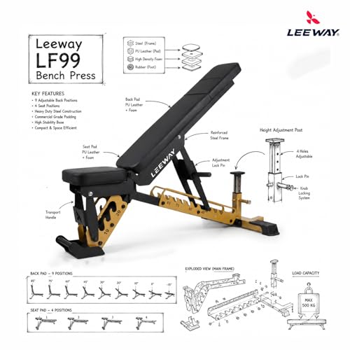 Image of Leeway LF99 Bench Press for Home Gym | Adjustable Gym Bench for Home| Heavy Duty Multi Incline Decline Flat Steel Workout Station | Multipurpose 30 to 85 Degrees | Commercial Grade Exercise Table (Black, Bench LF99, 1)