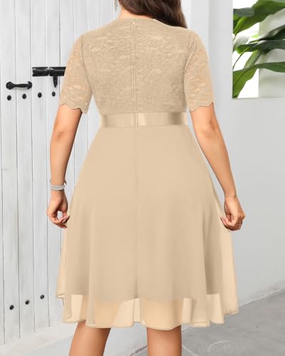 Image of Talisea Plus Size Wedding Guest Dress - Formal Cocktail Party Ruffle Elegant Tea Length Lace Chiffon V Neck Midi Dresses