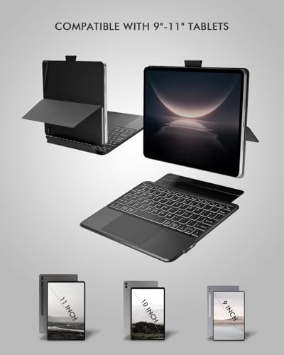 Image of Universal Keyboard Case for 9-11 Inch Tablets, Dual Bluetooth Detachable Keyboard for Android Tablets /iPads /Galaxy Tabs, Magnetic Backlit Keyboard with Washable Adhesive Mount&Any-Angle Stand&Trackpad