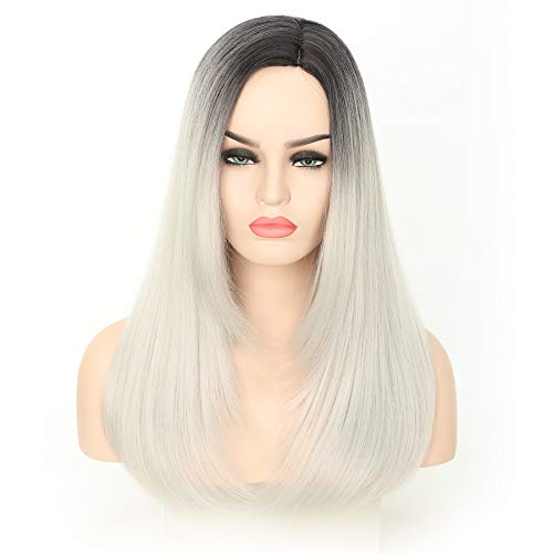 Benegem 20 inch Straight Wig 3 Tone Ombre Silver Grey Long Synthetic Wig Glueless Daily Wear Halloween Party Wigs Heat Friendly