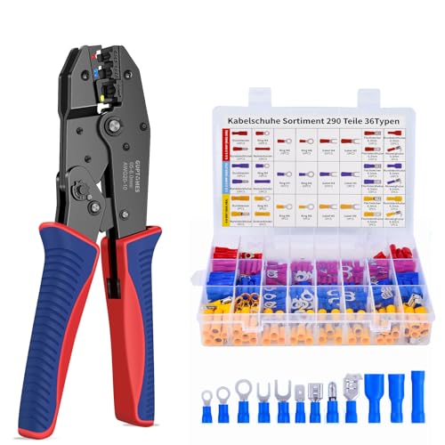 Pince a Sertir, GUPTOMES Kit de sertissage 36 types 290 Pièces Cosse Electriques à Sertir de AWG20-10(0,5-1,5 mm²) (1,5-2,5 mm²) (4-6 mm²) Pince électricien Outils Bornes électriques (AWG20-10)