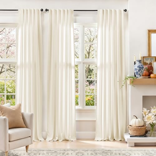 Image of Blackout Ivory Velvet Curtains Neutral Back Tab 52x90 Inch 2 Panels | Enhanced Light Blocking, Lined, For Bedroom & Living Room, Light Shifting Texture, Elegant Drape, Cozy, Rod Pocket