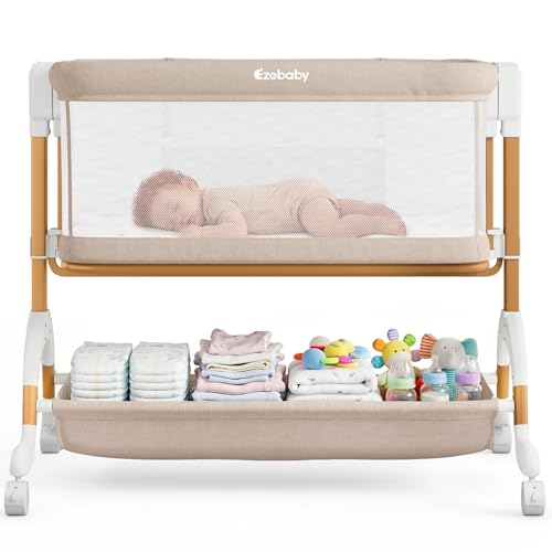 Image of Ezebaby 3 in 1 Baby Bassinet Bedside Sleeper, Rocking Bassinet for Baby with Comfy Mattress & Breathable Full Mesh Sides, 7 Height Adjustable | Portable Crib for Newborns
