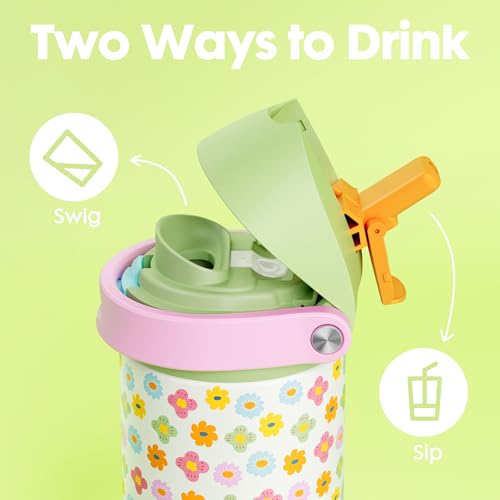 Image of 18 oz Kids Water Bottle for School: Meoky 18 oz Stainless Steel Insulated Water Bottle with 2-in-1 Straw and Spout Lid - Leak Proof, Fits in Car Cup Holder, BPA-Free for Teen Girls, Rainbow Blooms