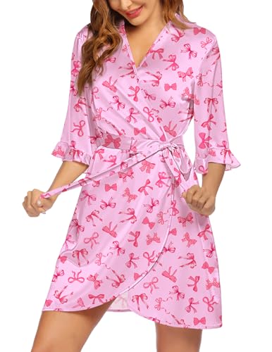 Image of Ekouaer Women's Satin Robe Valentines Lingerie for Women Kimono Bathrobe Short Ruffle Belted Robes Bridesmaids Sleepwear