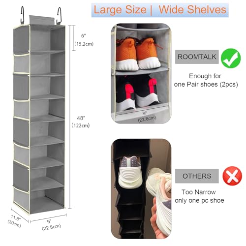 roomtalk Large-Sized Hanging Shoe Organizer 8-Shelf, Hanging Closet Organizer with 8 Side Pockets, Wider Hanging Shelves for