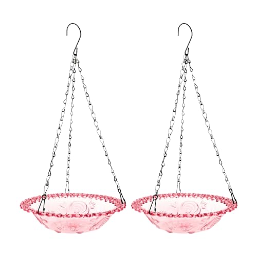 Image of Hanging Bird Bath for Garden, Glass Birdbath Bowl Outdoor Hanging Bird Feeder Tray for Wild Birds Hummingbird, Vintage Style Water Bowl Backyard Patio Decor Set (Pink)