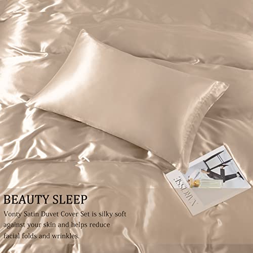 Vonty 3-Piece Silky Satin Duvet Cover Set Full/Queen Size Duvet Cover, Organic Natural 400Tc Beige Duvet Cover Set - Luxury & Sexy Bedding Duvet Covers With Zipper Closure(No Comforter) #TOP2