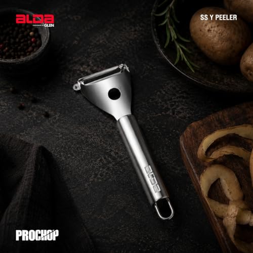 Image of Alda ProChop Stainless Steel Vegetable Peeler, Razor Sharp X6Cr17 SS Swivel Blade, Potato Eye Remover, Heavy-Duty Full Stainless Steel Body, Ergonomic Comfort Grip Handle with Hanging Hook