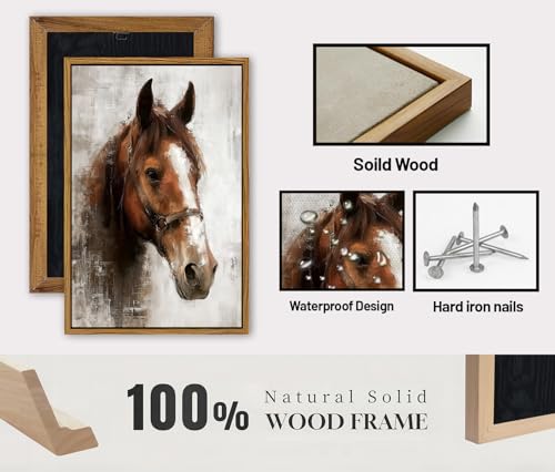 Image of Horse Canvas Wall Art Framed Rustic Horse Portrait Prints Painting Western Horse Pictures Wall Decor Vintage Farmhouse Country Animal Artwork for Living Room Bedroom Office Home Decorations 24x36