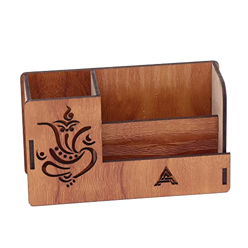 Image of Insignia World Pen Stand With Visiting Card & Mobile Holder Multipurpose Wooden Desk Organizer Pen And Pencil (Design 4) - Automobiles, Brown