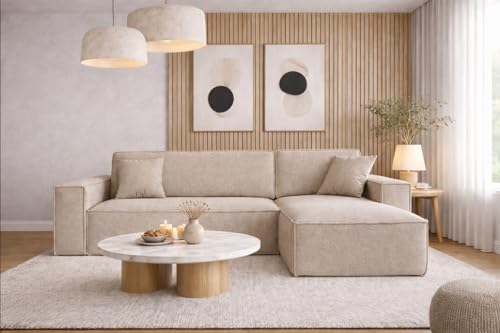 Kaiser Möbel, Ecksofa mit schlaffunktion, mit Bettkasten, Schlafsofa Best, Designer L-Form Sofa, Modern Design Couch, Polsterecke, Freistehend, Stoff Neve Beige Rechts