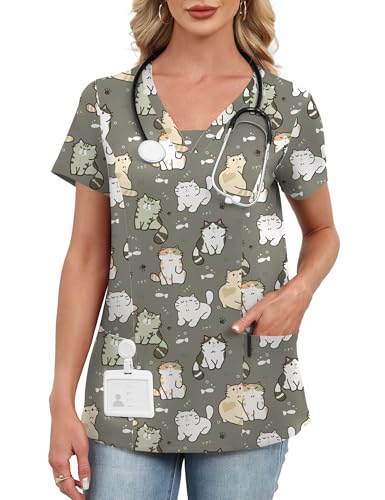 AKEWEI Scrub Tops for Women Print Cartoon Animal V Neck Nurse Shirts Pediatric Vet Uniforms with 2 Pockets Cute Cat L