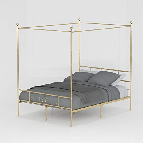 Weehom Full Canopy Bed Frame 4 Posters Curtain Metal Platform Mattress Support Headboard And Footboard Strong Steel-Gold #TOP3