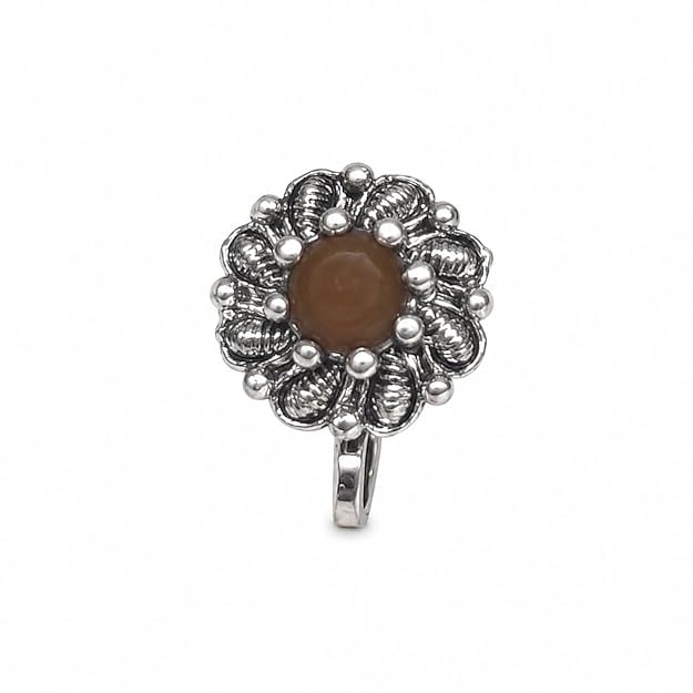 Jewellery Trending Oxidised silver finishing Brown stone Stud Floral Design Nose Pin | Ring | Without Piercing | Adjustable | Nose Ring | Nathiya|Nathani | For Festival |Navratri For womens & Girls.-image-47