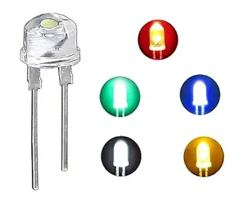 Wizzo (20 Pcs Each Red, Blue, Green, Yellow, White (8mm) Transparent Bright LED, DC 3 Volt 2 Pin Light Emitting Diode, Multipurpose, For Science Projects DIY Hobby Kit (Pack of 100 Pieces)