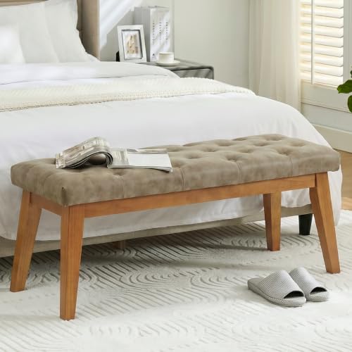 Image of 43.5 inch Button Tufted Faux Leather End of Bed Entryway Bench, Light Taupe | Padded upholstered bench with solid wood legs, ideal for entryway, dining room, bedroom, vanity area, or living room.
