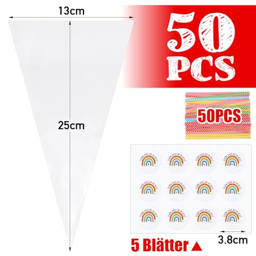 BOFUNX 50 Stücke Spitztüten Transparent Cellophantüten Süßigkeiten Tüten mit Bindebänder + 60 Stücke Regenbogen Stickers für Kinder Geburtstag Party Gastgeschenke