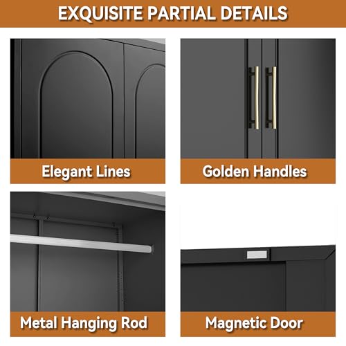 Polup Metal Armoire Wardrobe Closet with Doors and Shelves, 71" Tall Wardrobe Closet with Hanging Rod, Freestanding Clothes Cabinets, Large Wardrobes for Bedroom, Home Office, Employee, Black - Thumbnail 6