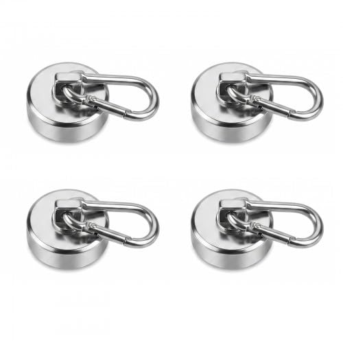 Merzio 4pcs Magnetic Hooks Heavy Duty, Extra Strong Neodymium 42KG(92LBS) Magnet Hooks with Carabiner, Multi-Purpose Swivel Cruise Hooks for Cabins Kitchen Garage and Office Wall Hanging