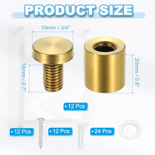 Image of PATIKIL 3 /4 inch x 1 inch Standoff Screws, 12 Pack Stainless Steel Wall Mount Sign Standoffs Mounting Hardware Advertising Nail for Hanging Acrylic Picture Frame, Gold