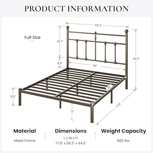 Image of SHA CERLIN Full Size Metal Platform Bed Frame with Victorian Vintage Headboard /Under Bed Storage /No Box Spring Needed /Easy Assembly /Noise Free /Mattress Foundation /Gold