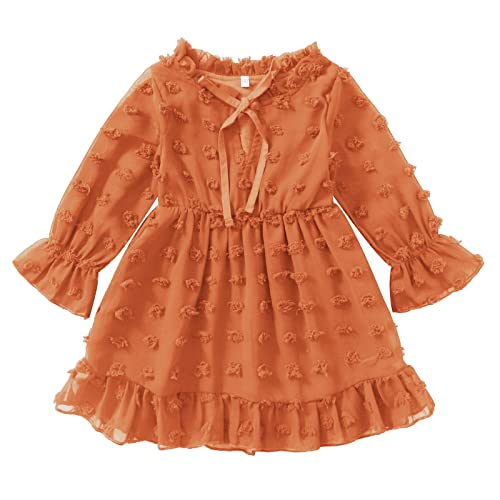 Maacie Toddler Girl Fall Dresses Kids Swiss Dot Dress Babydoll Mini Dresses Orange 2Y
