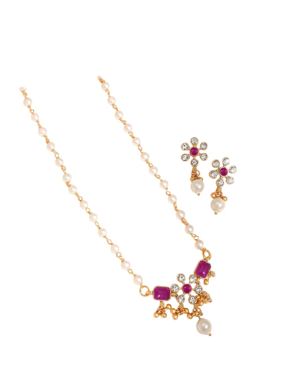Juego de collar de perlas blancas y colgante de rubí rosa en latón talla S 6