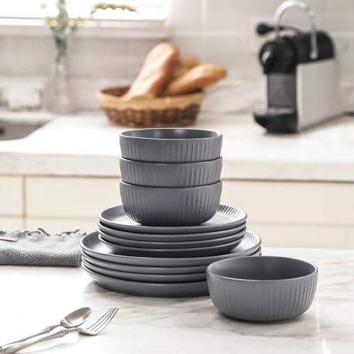 Image of Stone Lain Logan 12 Pieces Stoneware Dinnerware Set, Grey