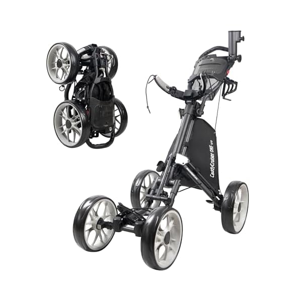 CaddyTek 4 Wheel Golf Push Cart – Caddycruiser One Version 8 1-Click Folding Trolley – Lightweight, Compact Pull Caddy Cart, Easy to Open