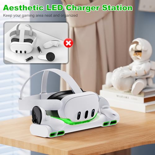 Charging Dock for Meta Quest 3 VR Headset/Controllers with Light, Magnetic Fast Charging Station for Meta Quest 3 Accessories with 2 Rechargeable Batteries and USB C Cable