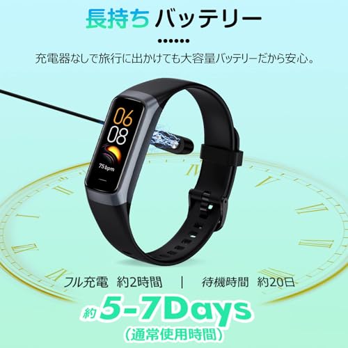 スマートウォッチ スリム レディース 1.1インチ 体重記録 睡眠モニター 着信通知 しんぱく数 血中酸素 水飲みリマインダー 座りすぎ通知 遠隔撮影 25種類運動モード 健康管理 43種類文字盤 活動量計 腕時計 (ブラック)