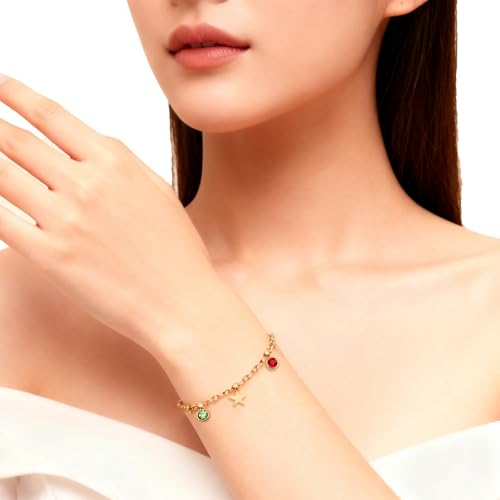 Image of 18K Gold Plated Stainless Steel Dainty Charms Colorful Crystal Birthstone Bracelet Minimalist Cute Jewelry for Women