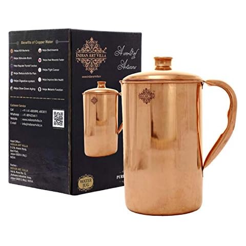 IndianArtVilla Indian Art Villa Pure Copper Water Pitcher Jug 54 Oz Healthy Storage Container For Home, Kitchen, Restaurants With Yoga And Ayurveda Benefits Cover
